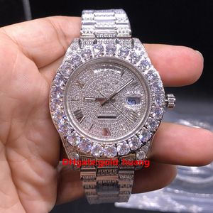 Lyxig 43 mm klo Bezel stora diamanter automatisk herrklocka, högkvalitativt rostfritt stål CZ Fully Iced Out Diamond Rome Markers herrklockor