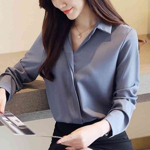 Blusas mulher gira para baixo escritório de colar de luxo casual manga longa mulheres camisas azuis branco chiffon blusa mulheres tops b797 210602