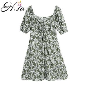 HSA Letnie kobiety potargane z krótkim rękawem Sukienka Szyfonowa V-Neck High Waist Backless Sexy Floral Print Beach Dresses 210716