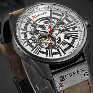 CURREN Uhr Männer Skeleton Mechanische Uhren Männlich Leder Automatische Selbst wind Sport Uhr Relogio Masculino 210517