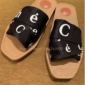 a1 2021 Branded Women Woody Mules Fflat Slipper Deisgner Lady Lettering Fabric Outdoor Leather Sole Slide Sandal