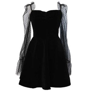 PERHAPS U Transparent Mesh Velvet Mini Sexy Party Dress Women Spring Flare Sleeve Short Dress Black O Neck Empire Dress D0973 210529