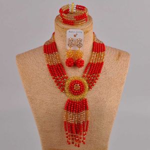 Opaco Vermelho e Champagne Ouro AB Colar Colar de Casamento Africano Beads Jóias Set Cristal 6Cls H1022