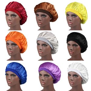 Wide Band Elastic Massivfarbe Satin Nachthut Für Frauen Mädchen Weiche Schlafkappen Bonnet Beanie Mode Headwear