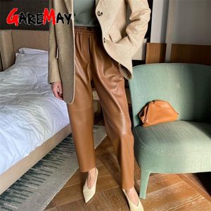 Sonbahar kış kadın deri pantolon yüksek bel gevşek siyah kahverengi düz bacak pantolonları Klasik PU sahte kadınlar için 220211