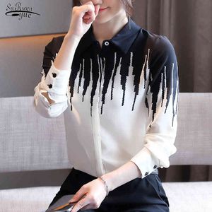 Autumn Black and White Chiffon Blouse Women Office Lady Long Sleeve Button Cardigan Shirts Print Ladies Clothes 11052 210508