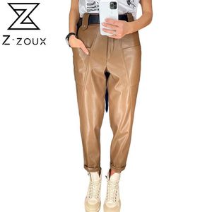 GetSpring Women Pants Capris Fashion PU Leather Trousers Big Pocket Radish Long Black Autumn Winter 210524