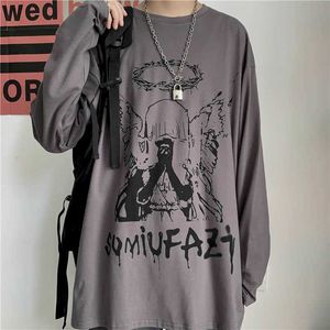 T-shirt z długim rękawem mężczyźni kobiety jesień luźny duży rozmiar Hong Kong style Trend Koreański Harajuku Student T-shirt Top Downing Topy 210526