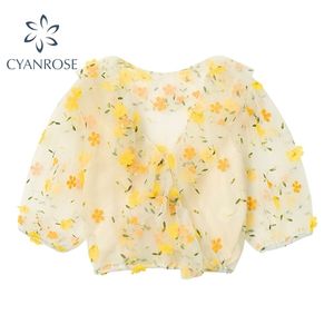 Floral Print Transparent Blouses Tops Retro Mori Girl Holiday Shirts Female Short Sleeve See Through Summer Beach Romantic 210515