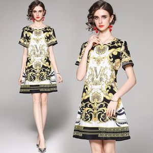 Dresses For Business toptan satış-Lüks Pist Barok Baskılı Mini Elbise Moda Kısa Kollu O Boyun Ince A line Balo Bayanlar Tasarımcı Elbiseler Yaz Sonbahar İş Parti Ofis Kadın Giysileri