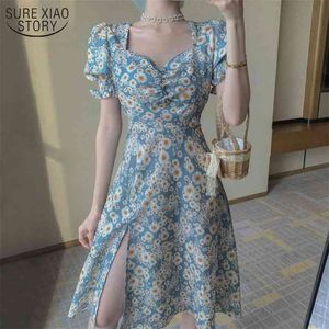 ヴェスティド夏の花のドレスhepburnスタイルプリント花甘いパフスリーブシフォンスプリット特大の女性服ローブ14555 210508