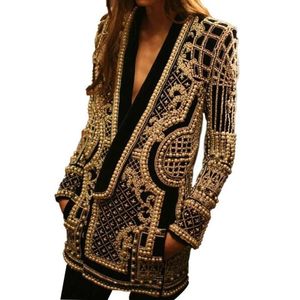 レディーススーツブレザー女性Vネック幾何学的なスパンコール刺繍コート光沢のあるビーズパールジャケットスリム長袖カーディガンOLクロップトップ