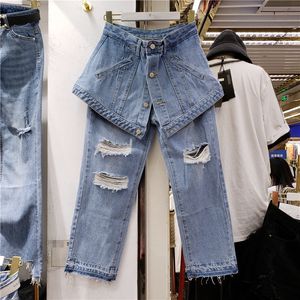 Denim Vintage Fałszywy Dwa Kawałki High Waist Spodnie Luźne Fit Spodnie Damskie Niebieski Casual Moda Wiosna Jesień 16F0742 210510