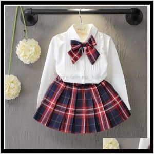 Baby Maternity Drop Delivery 2021 Arrivals Baby Girls Clothing Sets White Long Sleeve Shirt With Bowtieplaid Skirts 2Pcs Set Girl Outfits Kid