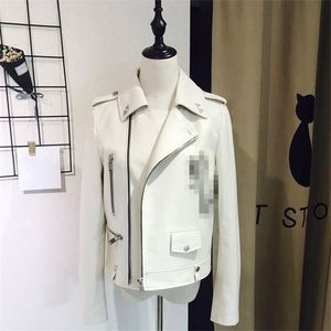 High Quality Lambskin Metal Decorative Letters Sheepskin Motorcycle Genuine Leather Clothes Women Real Leather White Jacket 211007