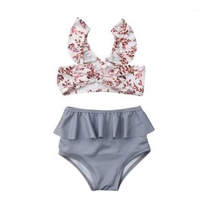 Klädsuppsättningar 1-5Y Kids Girl High Waist Leopard Floral Swimming Bikini Kostym Badkläder Ruffles Bandage Baddräkt Beachwear