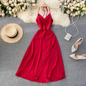 Sexy Beach Party Dress Donna Summer Vacation Nero / Rosso Vita alta Midi Abiti Donna Aperto Indietro Grande Swing Robe 2021 New Fashion Y0603