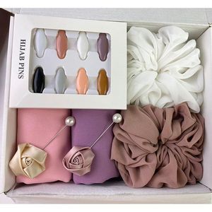 Brooch Hijab großhandel-Geschenk Hijabs Box Set Scrunchies Brosche Pins und Blase Chiffon Wome Lange Schals