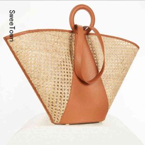 Shopping Bags s sSweetown Women's Handbag Luxury Desginer Handbags Summer Beach for Women 2022 Straw Weave Shoulder Underarm Large Tote 220301