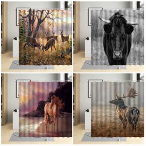 Cortinas de chuveiro Cortina de animais selvagens Highland Cattle Cow Horse Elk Cenário de outono Padrão de banheiro decoração de pano de poliéster Conjunto