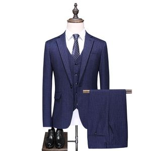Men s Suits Blazers Men Wedding Suit Four Seasons Set Three Pieces Striped Single Breasted British Blue Large Size