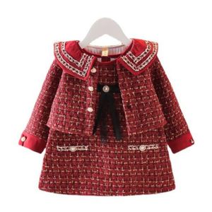 Sweet Fashion Kids Girls Conjunto de roupas primavera outono crianças princesa manga longa xadrez casaco outwear + vestido tanque 2 peças terno roupas