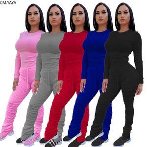 Cm.yaya sportwear feminino set manga longa top empilhados flare legging calças activas wear tracksuit dois pedaço conjunto de fitness outfits y0625