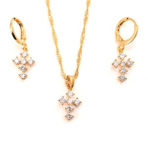 10 kt Fine THAI BAHT G/F Gold cross Pendant CZ White Coordinate Necklace chain Earrings sets Jewelry Christian Jesus