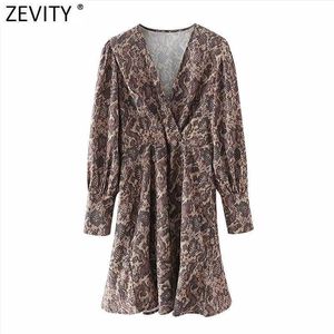 Zevity Frauen Kreuz V-ausschnitt Schlange Haut Druck Falten Gerade Kleid Chic Puff Sleeve Kimono Vestido Weibliche Casual Kleid DS4975 210603