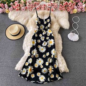 Summer Fashion Style Halter V-neck Print Vestidos Feminine Temperament Waist Slimming Midi Dress C914 210506