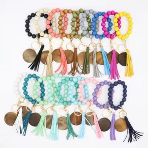 Wood beaded bracelet keychain blank disc tassel key ring pendant pure multicolor optional DD533