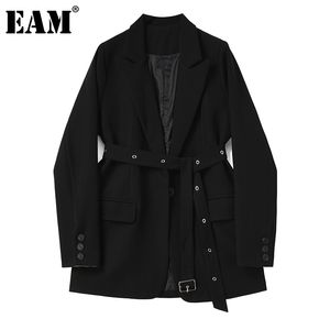 [Eam] kvinnor svart bälte stor storlek blazer notched långärmad lös passform jacka mode våren höst 1dd5887 210512