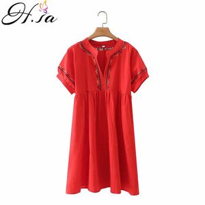 HSA المرأة الصيف اللباس قصيرة الأكمام الرجعية خمر مطوي vestidos عالية الخصر أسود أبيض أحمر ضئيلة فضفاض نمط شيك شاطئ اللباس 210716