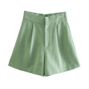 Frauen Mode Feste Leinen Shorts Sommer Za A-Line Grün Reißverschluss Casual Weibliche Elegante Outwear 210521