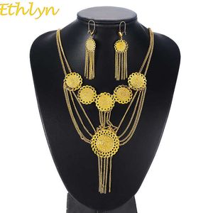 Ethlyn Double Layer Tassel Moedas de Ouro Cor Antique Moeda Brincos Colar Médio Oriente Muslims Islâmicos Mulheres Jóias Sets S171 H1022