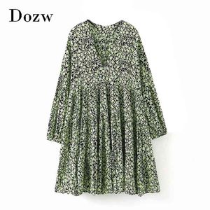 V Neck Loose Floral Print Dress Women Lantern Long Sleeve Casual Pleated es Holiday Beach Mini Female Basic Sundress 210515