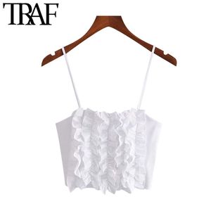 TRAF Donne Sexy Moda Ruffled Ritagliata Camicette Vintage Backless Cinghie Sottili Camicie Femminili Blusas Chic Top 210415