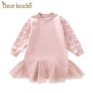 Bear líder 4-13 anos de idade meninas vestido cute crianças roupas outono o-pescoço manga longa laço princesa vestidos criança elegante traje 210708