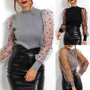 Women T-Shirt Sequined Long Puff Sleeve Elegant Spring Autumn Casual Tops Female Ladies Fashion Clothing 210522