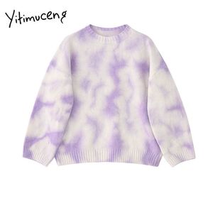Yitimucengプリントセーター秋女性服紫oネックバットウィングスリーブプルオーバーニット韓国トップ和風ファッション210601