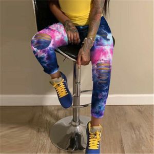 Kvinnor Hole Frayed Jeans Fashion Trend Tie-Dye Skinny Zipper Denim Pencil Byxor Designer Kvinna Höst Casual High Waist Jean Byxor