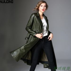 Długa Kurtka Trench Jesień Zima Kobiety Luźne Pas PU Leather Solidny obrócony kołnierz Slim Windbreaker Płaszcz Ladies 210514