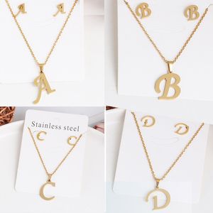 26 Letter Necklaces with earring set Stainless Steel Gold Choker Initial Pendant Necklace Women Alphabet Chains Jewelry