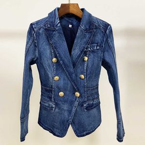HIGH STREET Fashion Designer Blazer Jacket Women's Metal Lion Buttons Double Breasted Denim Blazer Outer Coat 201013