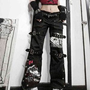 WeiYao Eyelet Buckle Black Punk Goth Jean Fashion Woman Techwear Dark Academic Print E Girl Cargo Pants Low Waist Denim Trousers Y220311