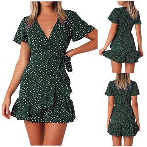 Wholesale tie wrap dress resale online - Casual Dresses Green Sexy V Neck Floral Print Self Tie Wrap Dress Mini Women Boho Ruffle Hem Flare Sleeve Summer Vestidos