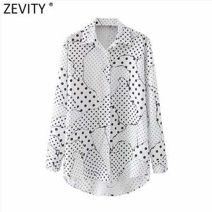 Zevity Donne vintage pois Polka Dots Patchwork Stampa Casual Smock Blusa Camicetta Ufficio Lady Turn Down Collare Camicie Chic Blusas Tops LS7517 210603