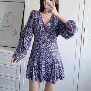 Casual Woman Purple Slim Print V Neck Mini Dress Spring Fashion Ladies Flower Beach es Female Chic Stretchy 210515