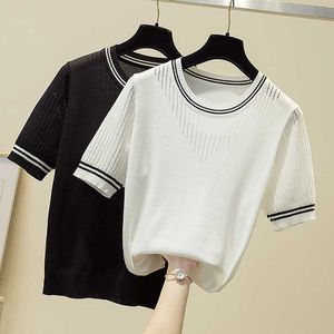 Oversized Women Sweaters Pullover Kortärmad O Neck Sexig Hollow Out Kint Sommartröja Kvinna Jersey Mujer Invierno 210604