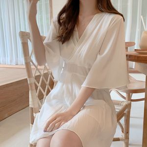 Plus size chiffon Summer Girls Boho Party Solid Female Vintage Dress white Short Sleeve Women Dresses Robe Vestido 210417